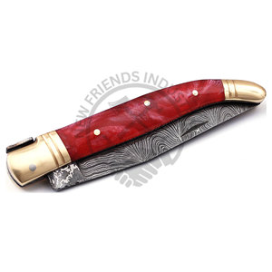 Couteau pliant de chasse de style Laguiole, lame en acier Damas, nouvelle marque, meilleur couteau de poche tranchant avec bolster/pommeau en résine et laiton. - Product Image 6