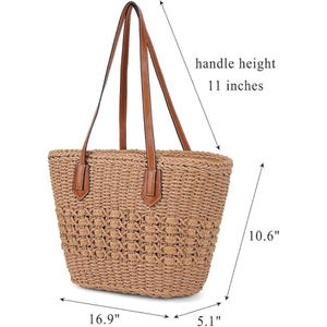 Women’s Large Straw Rattan Woven Tote Bag, Handmade Shoulder <b>Handbag</b> with Top Handle, <b>Summer</b> Beach Travel Purse - Product Image 3