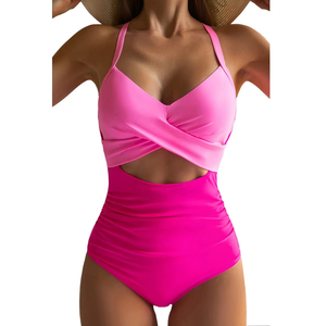 Traje de baño de una pieza para mujer, con cuello halter cruzado, cintura alta, aberturas, push-up, color liso, 2026 - Product Image 1