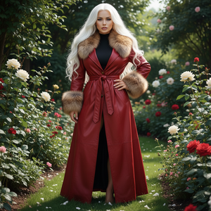 Abrigo Largo de Piel de Pescado con Diseño de Cinturón para Mujer, con Forro de Seda y Piel de Zorro, Venta al Por Mayor, Personalizable - Product Image 3