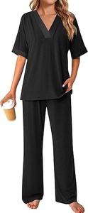 <b>Women</b> <b>Pajama</b> Set V Neck Short Sleeve Loungewear Two <b>Piece</b> Sleepwear Bamboo Blend Lounge Outfit - Product Image 2