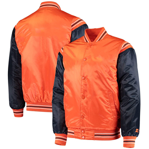 Men's Orange Navy Varsity Jacket Stand Collar <b>Covered</b> <b>Button</b> Closure Ribbed Cuffs Regular Fit Polyester/Cotton Preppy Style - Product Image 3
