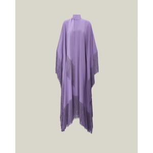 Robe longue élégante violette à col montant, manches trois quarts, détails à pompons, en mousseline transparente, coupe trapèze, écologique, toutes saisons - Product Image 3