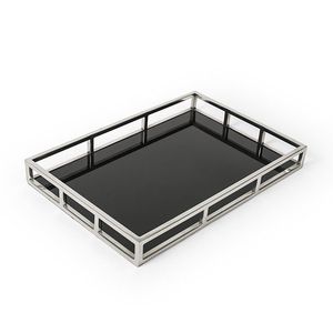 Luxury Geometric Metal <b>Serving</b> <b>Tray</b> Polished Chrome Frame with <b>Black</b> Mirrored Bottom Elegant Designer Platter for Hotel & Home - Product Image 4