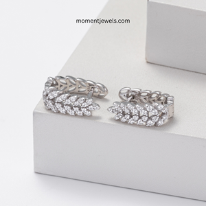 Boucles d'oreilles créoles en argent sterling 925 en forme de feuille, plaquées rhodium et or 18 carats, avec zircon, bijoux tendance pour femme, pour mariage et soirée - Product Image 1