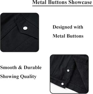 Veste en jean noire pour homme, doublure sherpa, boutonnée, décontractée, coupe droite, coupe-vent, couleur unie, 100 % coton, délavage acide - Product Image 6