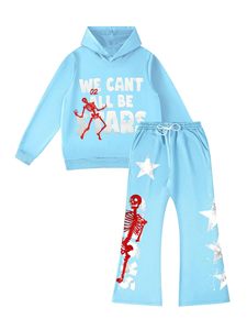 Ensemble de survêtement décontracté unisexe bleu clair avec imprimé squelette rouge et étoiles blanches, idéal pour l'automne - Product Image 1
