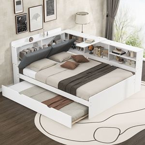 Letto a piattaforma matrimoniale in legno bianco con letto estraibile e testiera contenitore con pratiche mensole - Product Image 1