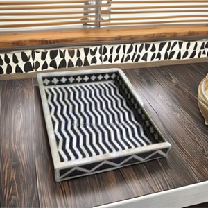 Bandeja de incrustaciones de hueso de calidad superior | Bandeja de servicio rectangular con patrón geométrico llamativo para decoración moderna, venta al por menor y regalos - Product Image 1