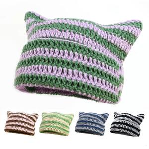Gorro de Punto con Orejas de Gato, Gorro de Invierno Cálido a Rayas, Gorro de Ganchillo Unisex para Esquí, Uso Diario Informal, 100% Acrílico - Product Image 4
