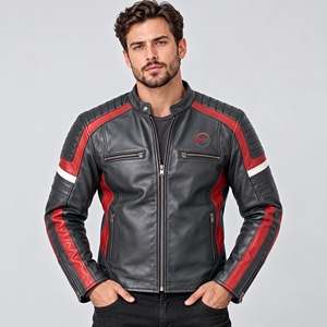 Blouson de moto en cuir à manches longues, coupe-vent, style course, color-block, toutes saisons, avec logo personnalisé sur le devant - Product Image 1