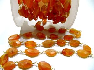 Natural Carnelian Oval Mani Shape Briolette Faceted 6X9mm Size Beaded Wire Wrapped <b>Rosary</b> Chain Wholesale Price Sold per Foot - Product Image 1