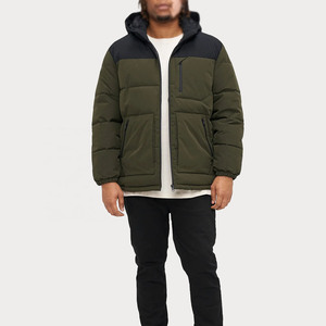 Blouson d'hiver décontracté pour homme, couleur unie vert olive et bleu, coupe régulière, à capuche, rembourrage polyester coupe-vent, en vente - Product Image 2