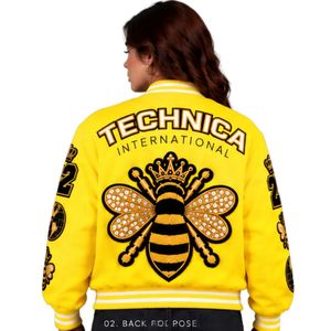 Womens Bright <b>Yellow</b> Varsity <b>Jacket</b> Embroidered Patch Baseball Bomber Coat Long Sleeve Streetwear College Style Casual Outerwear - Product Image 3