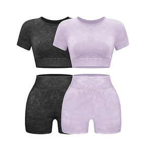 Ensemble de yoga et d'entraînement respirant 2 pièces sans couture pour femme OLCHEE, effet délavé, short et crop top assortis en Spandex/Nylon pour la gym et le sport - Product Image 1