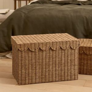Hand Woven PP Rope Simple Eco-Friendly <b>Storage</b> <b>Basket</b> Set Scalloped Cover <b>Rectangular</b> Organizer for Bedroom Bathroom Kitchen - Product Image 2