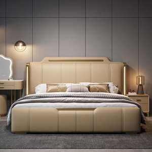 Lit King Size Moderne de Luxe en Bois de Teck Massif, Mobilier de Chambre Contemporain avec Tête de Lit Rembourrée, Durable et Écologique - Product Image 2