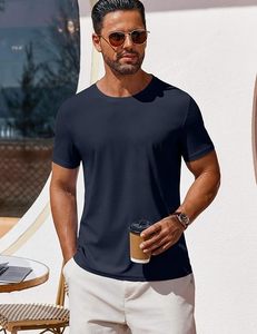 T-shirt pour homme bleu marine à manches courtes, col rond, coupe ajustée, décontracté, respirant, 100% coton jersey tricoté, couleur unie - Product Image 2