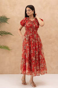 Robe midi en mousseline rouge à imprimé floral avec manches courtes, coupe trapèze ample, style bohème, col rond, taille élastique, pour le quotidien, respirante, idéale pour l'été - Product Image 2