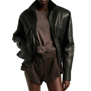 Blouson en cuir d'agneau noir sur mesure pour femme, en cuir véritable, coupe ample, épaules tombantes, fermeture éclair sur le devant, poches à rabat, élastique - Product Image 3