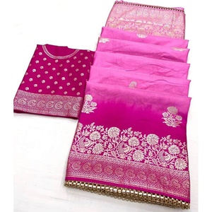 SAREE À Tissage ZARI SOIE MOUSSELINE RICHE AVEC BLOUSE INCOUSÉE ROSE - Product Image 2