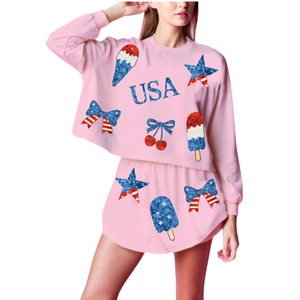 Sweat-shirt blanc à patchs uniques avec col rond et sweatshirts en coton éponge pour la fête nationale des États-Unis pour femmes et filles - Product Image 1