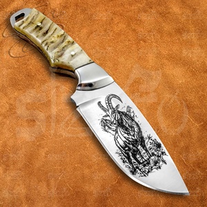 Cuchillo de caza y camping hecho a mano con hoja grabada de punta caída, mango de cuerno de carnero, acero D2, cuchillo utilitario OEM EDC con funda de cuero - Product Image 2