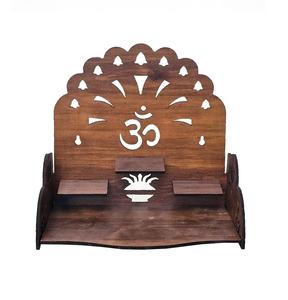 Handcrafted Wooden Pooja <b>Mandir</b> with OM Symbol & Kalash Cutwork Design – Scalloped Crown Temple Shelf | 28x20x29cm - Product Image 1