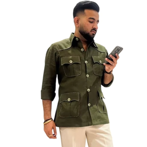 Camisa Casual para Hombre, Estilo Caza, Teñido Liso, Tela de Lino 100% Premium, Ecológica, Transpirable, Cómoda, Cuello Clásico - Product Image 1