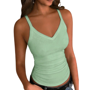 Débardeur côtelé marron pour femme, col en V, coupe ajustée, extensible, sans manches, en maille douce, décontracté, été, séchage rapide, respirant, taille XL, tendance - Product Image 1