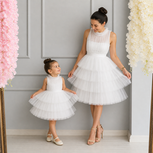 Ensemble de robes en tulle élégantes assorties mère-fille, tenue de fête superposée, sans manches, col à volants, robe jumelle mère-fille pour la famille - Product Image 1