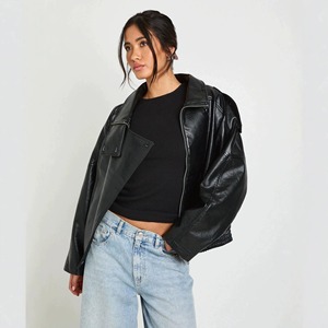 Blouson court en cuir PU pour femme, style européen et américain, col montant, coupe ample, décontracté, style urbain, texturé, polyvalent, style motard - Product Image 4