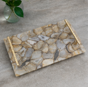 Rectangular Stone <b>Storage</b> Tray With Gold Metal Handles Modern Design Living Room <b>Tabletop</b> Accessory - Product Image 2