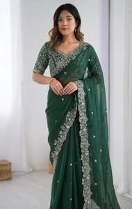Sari en soie vert émeraude AARA Fashion avec broderie argentée pour femmes, tenue de mariage indienne traditionnelle, longueur au sol - Product Image 3