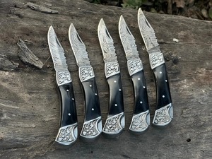 Cuchillo Plegable de Damasco Hecho a Mano, Cuchillo de Bolsillo con Mango de Cuerno de Acero, Multifuncional, Industrial, OEM, DIY, Funda de Cuero, EDC para Exteriores - Product Image 1