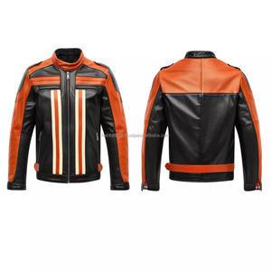 Men <b>Racer</b> Biker Genuine Leather <b>Jacket</b> Stripes Motorcycle Orange Creams Zippered Front Pockets Belted Waist <b>Jackets</b> - Product Image 2