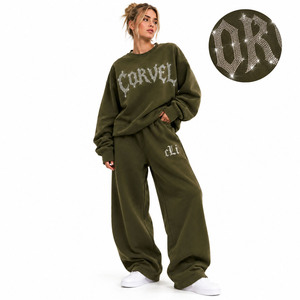 High Quality Rhinestone Gothic Print Oversized Sweatshirt Wide Leg Joggers Olive Green <b>Sparkly</b> Tracksuit 100% Cotton Fleece Set - Product Image 1