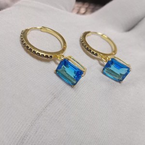 Natural Blue Topaz Emerald Cut Drop Hoop Earrings 925 Sterling <b>Silver</b> 14K Gold Plated Dainty <b>Huggie</b> Wedding Jewelry - Product Image 3
