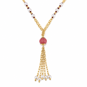 Custom Rhodium Plated <b>Necklace</b> Freshwater Pearl Red <b>Ruby</b> Melon Bead Station Y Lariat Pearl Tassel Drop Chain Women Luxury Gift - Product Image 2
