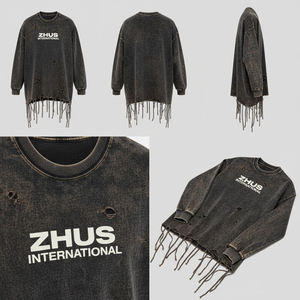 T-shirt Homme Ample et Tendance de Qualité Supérieure, Lavage Acide, 100% Coton Uni, Manches Longues, Effet Vieilli et Déchiré, Coupe Boxy - Product Image 1