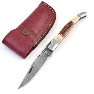 Handmade Damascus Steel Laguiole Folding <b>Knife</b> Genuine Stag Horn Handle Straight Leather Pouch OEM Customizable Safety Lock EDC - Product Image 1