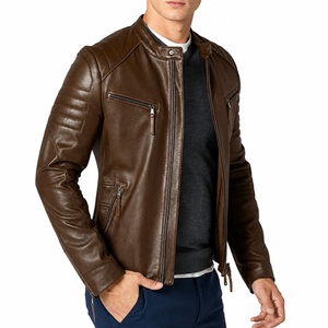 Unisex <b>Brown</b> Genuine <b>Leather</b> Waterproof High Street Moto <b>Jacket</b> Stand Collar Zipper Closure Slim Fit Autumn Style Solid Color - Product Image 3