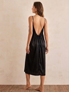 Elegant Black Satin 100% Silk V-neck Elastic Waist <b>Sleeveless</b> Nightgown Loose Fit Knee Length Solid Color Thermal Plus Size - Product Image 3