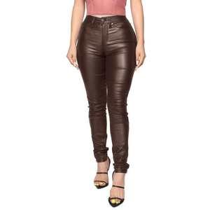 Nouveau pantalon en cuir de vachette respirant de haute qualité pour femme, design avant sexy, noir, longueur cheville, taille élastique, style urbain - Product Image 1
