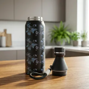 Bouteille d'eau en acier inoxydable noire, impression personnalisée, bouteille réutilisable, logo personnalisé imprimé, gourde pour le bureau - Product Image 3