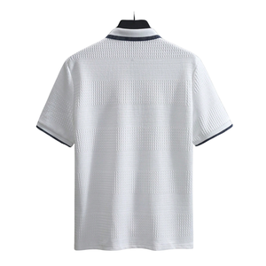 <b>Men's</b> White Short Sleeve Knitted <b>Polo</b> Shirt With <b>Black</b> Trim Button Front Casual Style Solid Color Breathable Fabric - Product Image 2