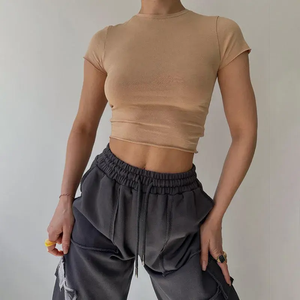 Womens Eco-Friendly Crop Tops Cute Summer Scoop Neck Slim Fit Trendy Short Sleeve <b>T</b> Shirts with Button for Teen - Product Image 2