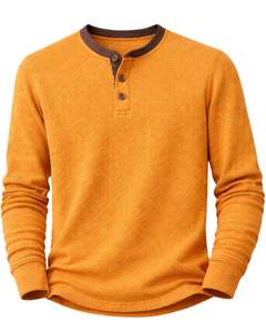 Men Waffle Henley Long Sleeve Thermal TShirt Mustard <b>Yellow</b> Casual Button Neck Winter Wear Top Cotton Slim Fit Breathable Fabric - Product Image 2