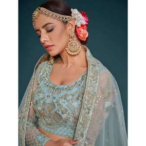 Buscando Aqua Blue Bordado Soft Net Lehenga Choli Con Dupatta - Product Image 3