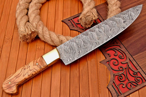 Couteau de chef en acier Damas fait main avec embout en laiton et manche en bois d'olivier ODM OEM 13 pouces - Product Image 4